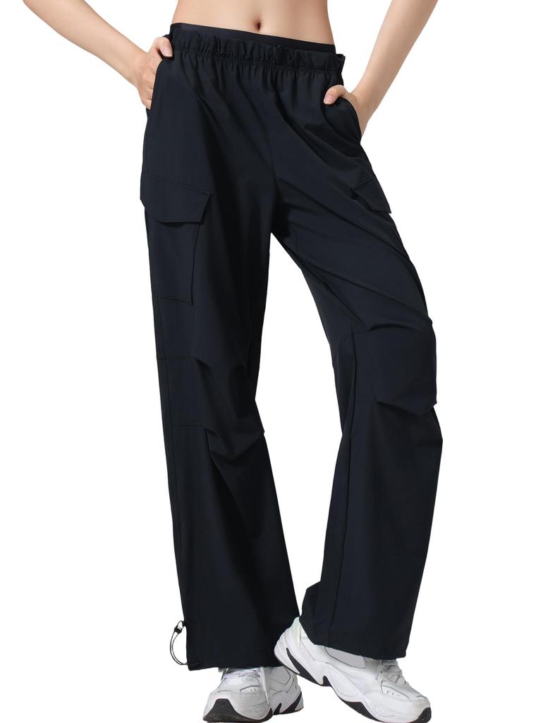 Yvette Cargo Loose Work Frilled Size Black Women's Wide-Leg Pants, Fit, Multi-Pocket Style, Waist, Pockets, Adjustable, Breathable, Quick-Drying,