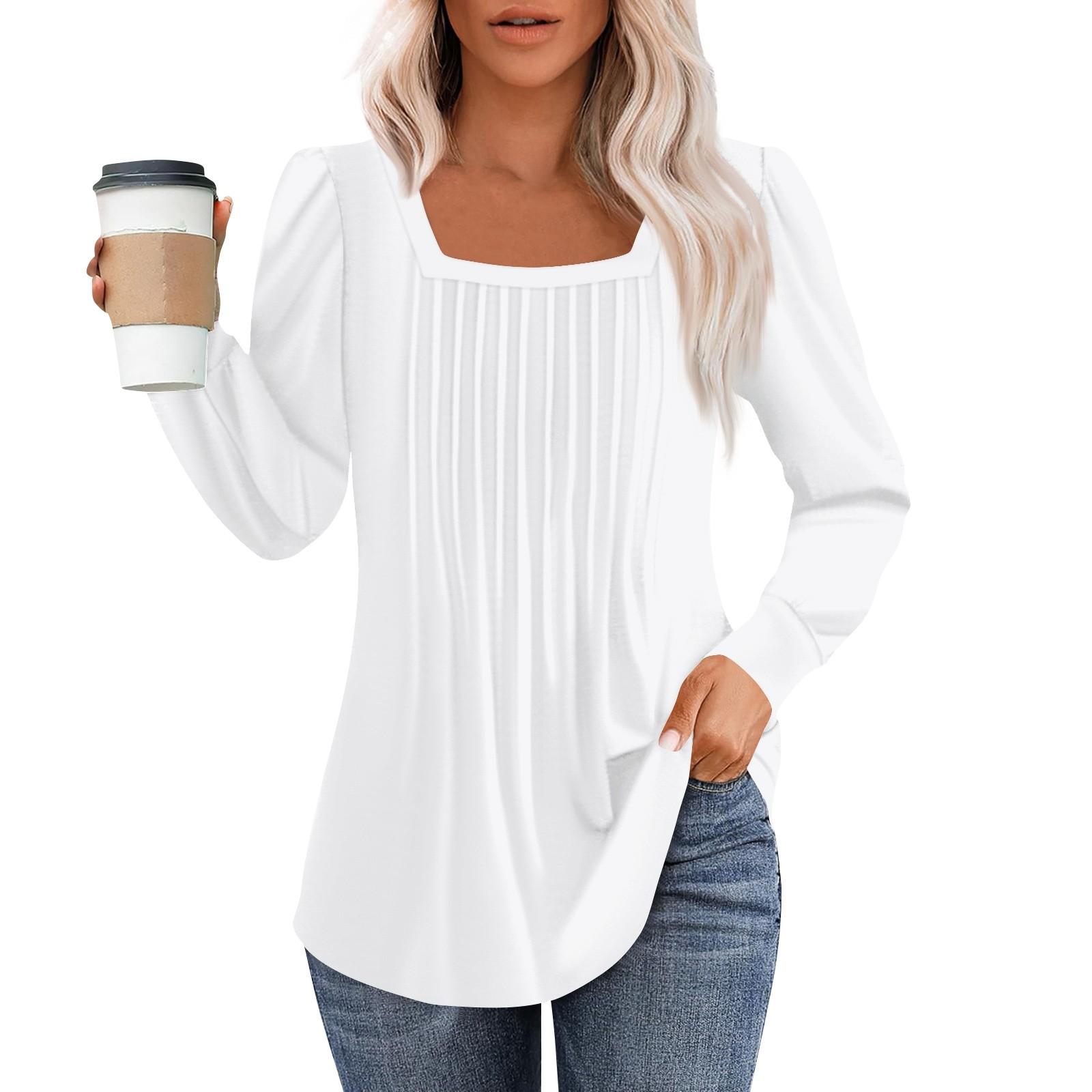 

Рубашки с длинным рукавом для женщин, топы, нарядные повседневные блузки, плиссированные туники с квадратным вырезом XXXL белый