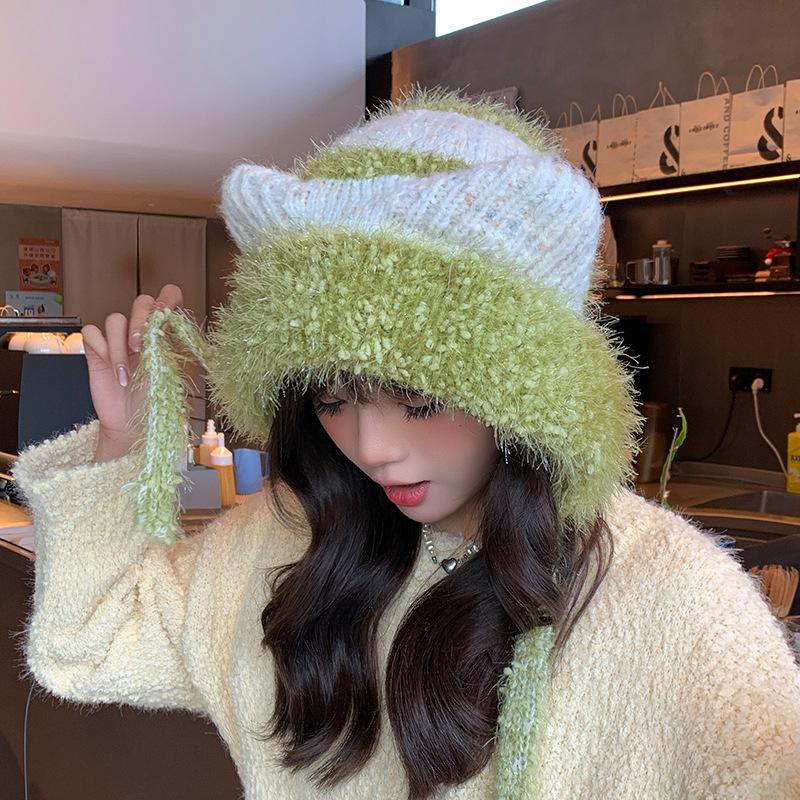 Plush Cute Cat Ear Hat Women's Winter Warm Ear Protection Pullover Hat Showing Face Small Versatile Fashion Knitted Wool Hat