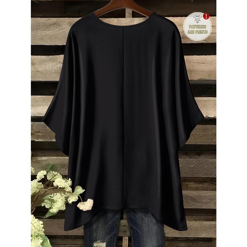 Summer Large Size Black and White Double Wolf Printed Bat Sleeve Crew Neck T-Shirt