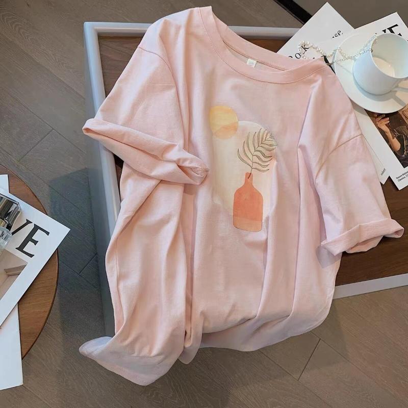 Женская минималистичная футболка с принтом вазы и растений, короткий рукав, кремовая, свободная, повседневная, хлопковая S