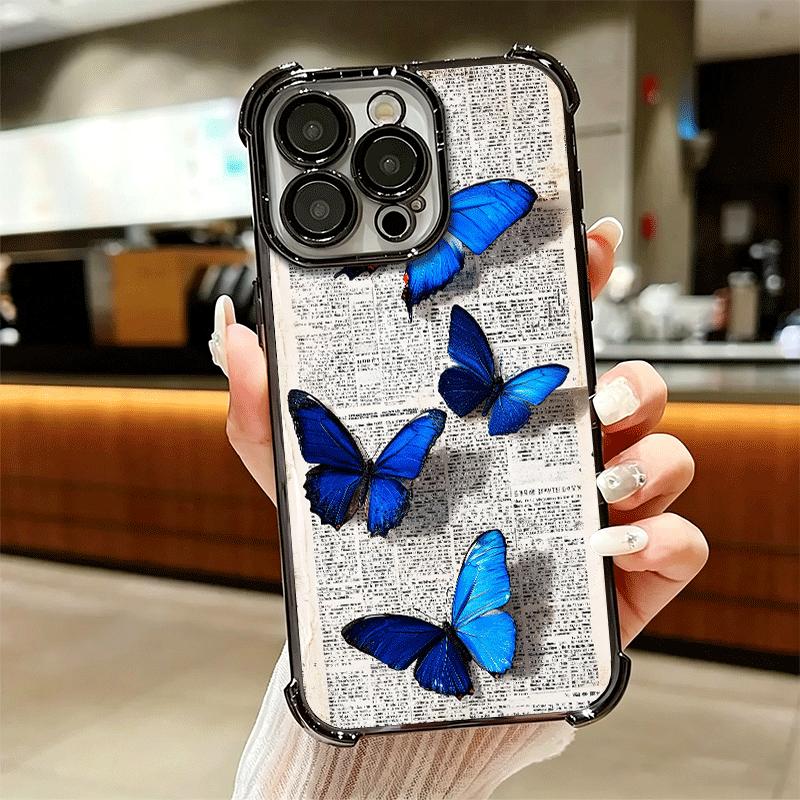Blue Butterfly Aesthetics Plating Phone Case For Iphone 16 17 Pro Max Air 16E 14 15 Plus 12 13 Mini Anti-Fall Airabag Cover
