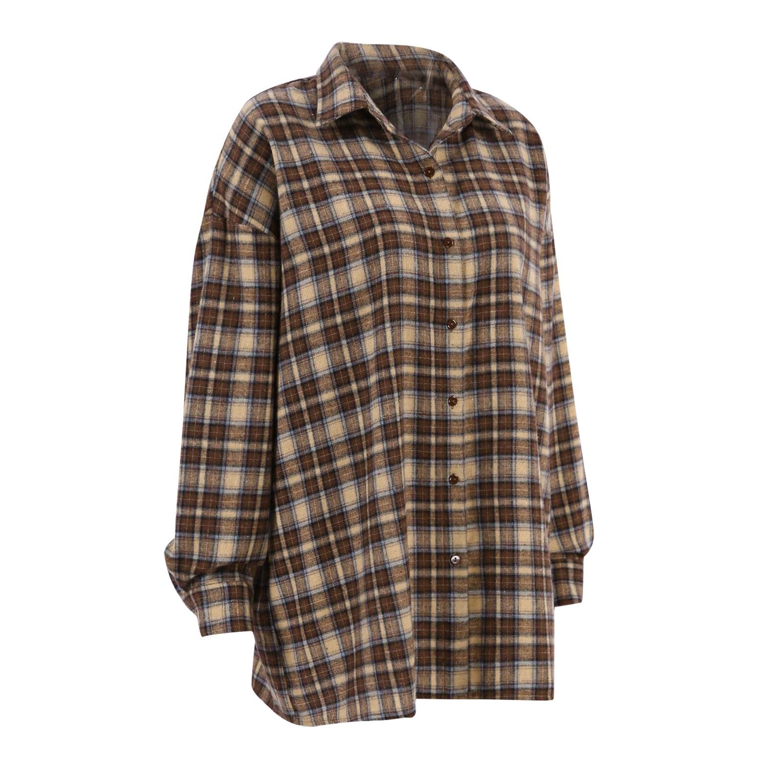 Модная женская свободная рубашка в клетку в стиле ретро S хаки — фото 4