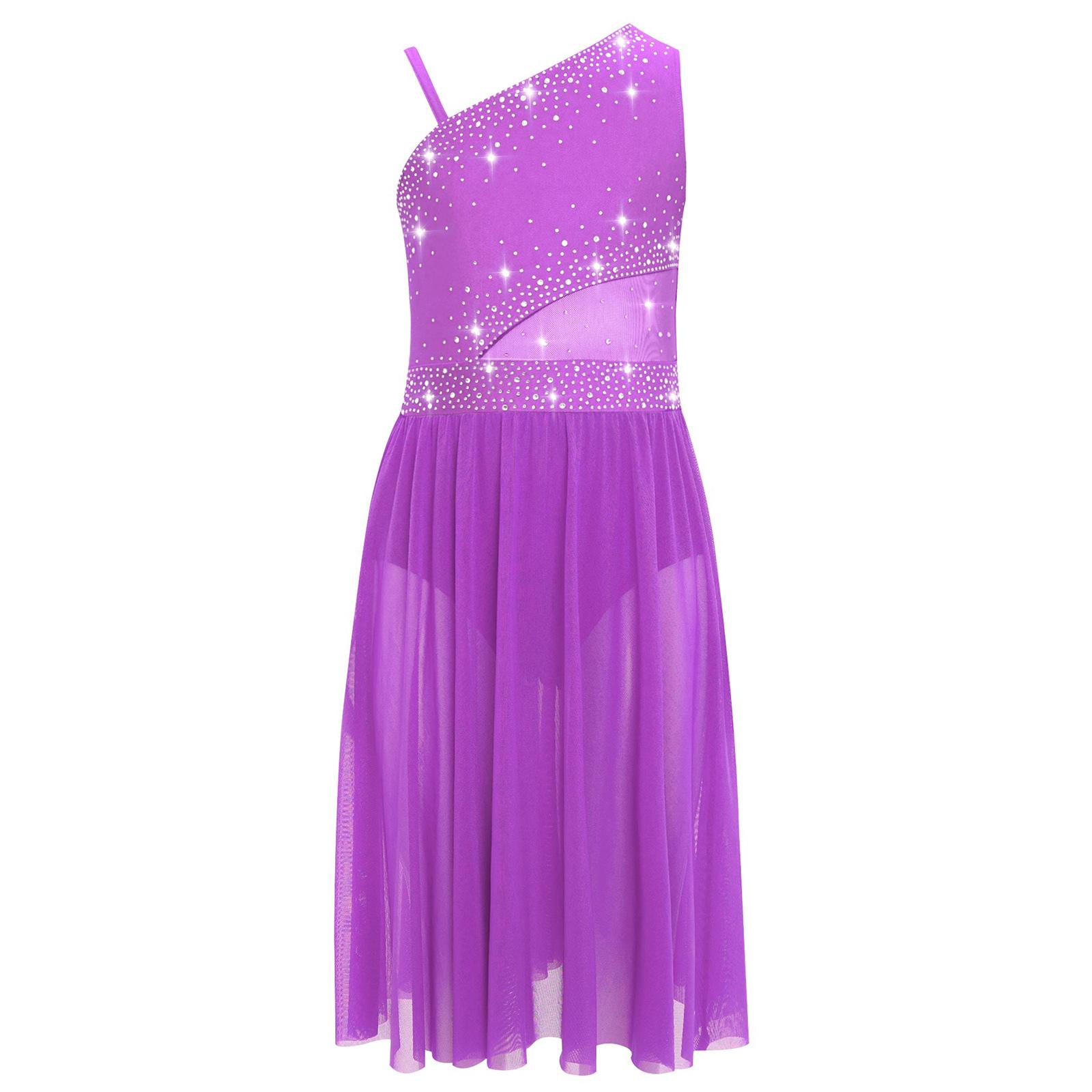 

Сукня для фігурного катання для дівчаток, дизайн на одне плече, вставка з прозорої сітки, прикрашена стразами, сукня для виступу 7-8 Years