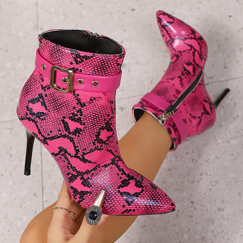 Sexy Hot Pink Super High Heel Boots Women 2025 Autumn Metal Belt Buckle Ankle Booties Serpentine Nightclub Shoes