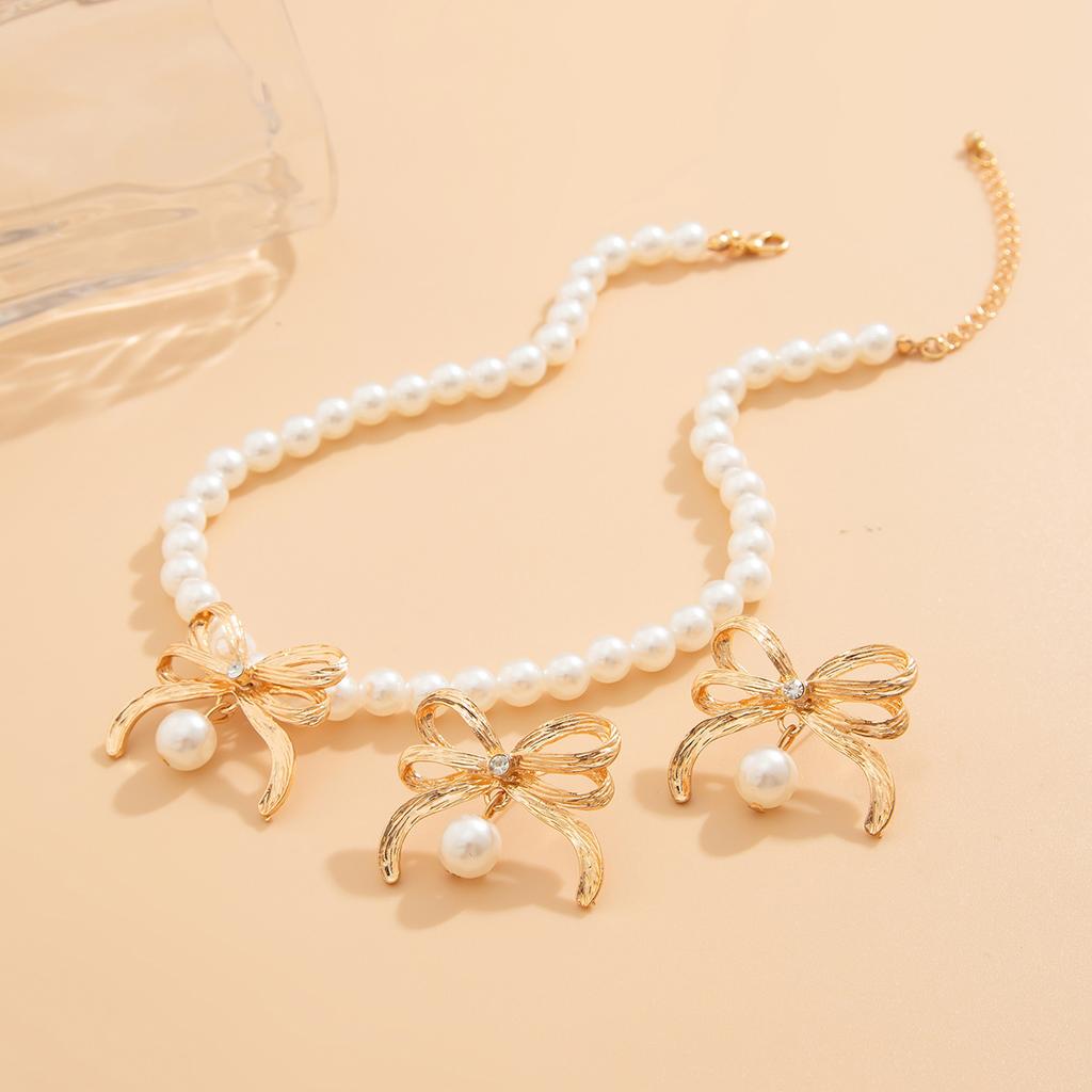 Simulation Pearl Bow Choker for Women Bowknot Necklace Earrings Wedding Jewelry Accessories