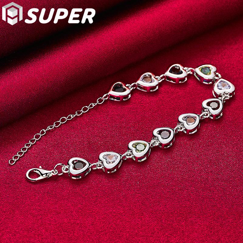 925 Sterling Silver Heart Inlaid With Multi-color AAA Zircon Bracelet Jewelry