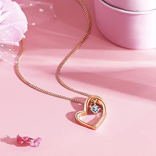 [Free Bird] Women's Heart Necklace, Premium Quality 5A Cubic Zirconia, Pink Gold Pendant, Sterling Silver 925, Perfect for Birthdays, Valentine's Day,