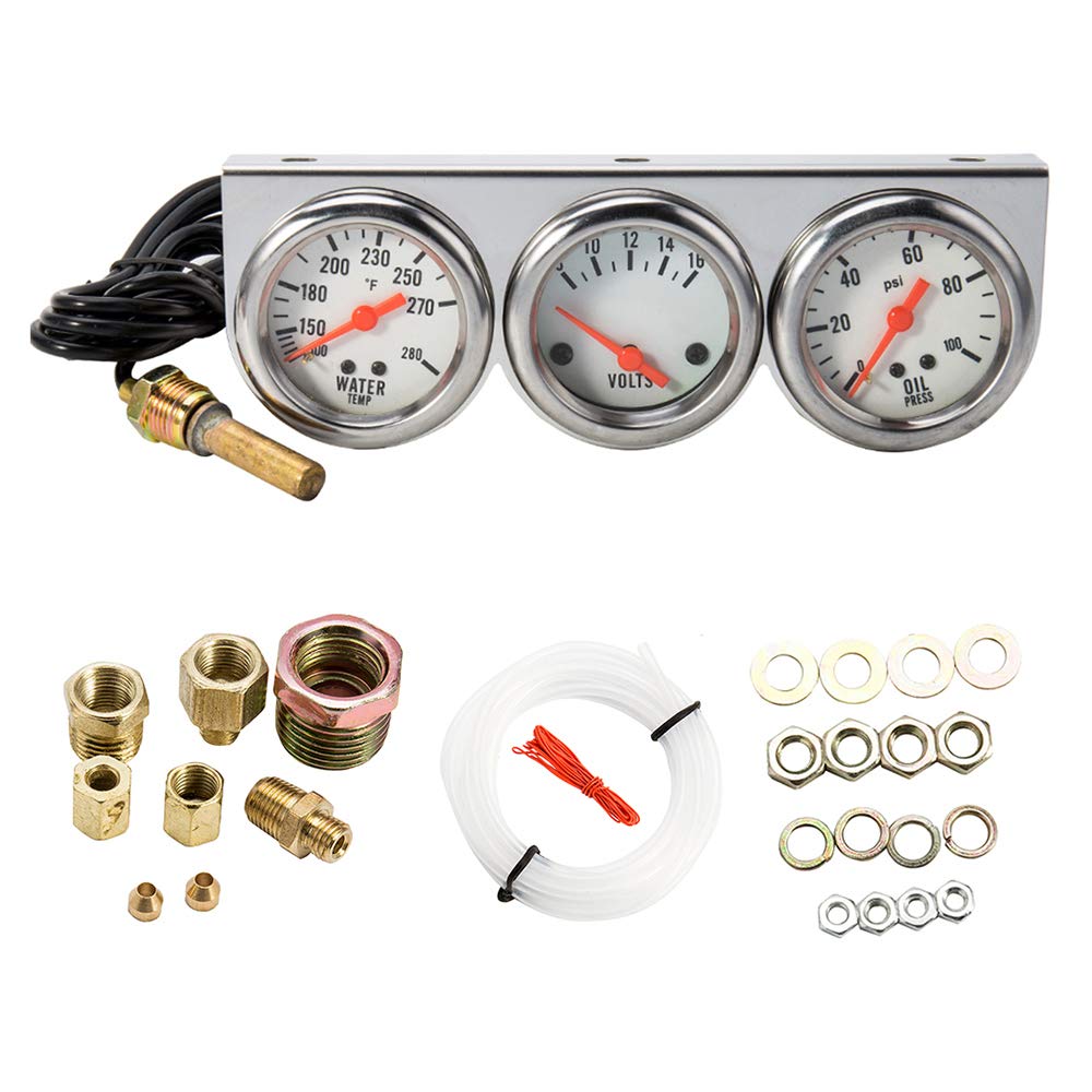 Triple Gauge Kit, 3 In 1 Car Oil Volt Water Gauge, Chrome Housing, White Face, Red Needles, 51Mm Size, 100-280F Water Temp, 8-16V Volts, 0-100Psi Oil