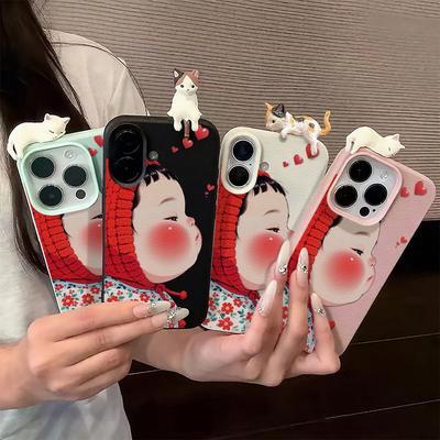 3D Θήκη Τηλεφώνου για iPhone 11 13 17 Pro Max 17 Air Case iPhone 13 15 16 Pro Max 12 14 Pro Max 14 15 Plus Χαριτωμένο 3D Γατάκι Κινούμενα Σχέδια Δέρμα