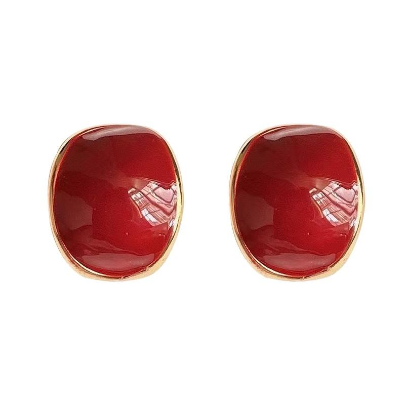 Drop Glaze Oval Earrings Women'S Niche Design Sense Retro Hong Kong Style Earrings Light Luxury Sense Ankola Red Stud Earrings