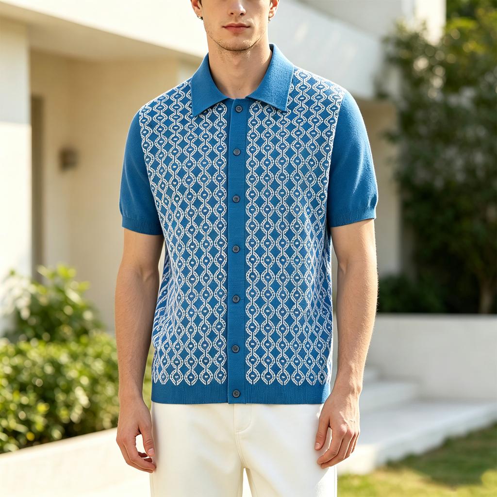 Men's Geometric Short Sleeve Knit Cardigan, Lightweight Summer Shirt for Casual Wear