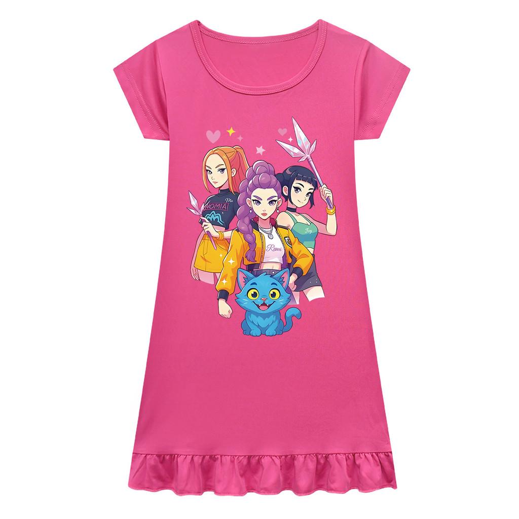 Kids Girls Anime Cartoon K-POP Rumi Zoey Mira Print Pleat Short Sleeve Casual Round Neck Dress