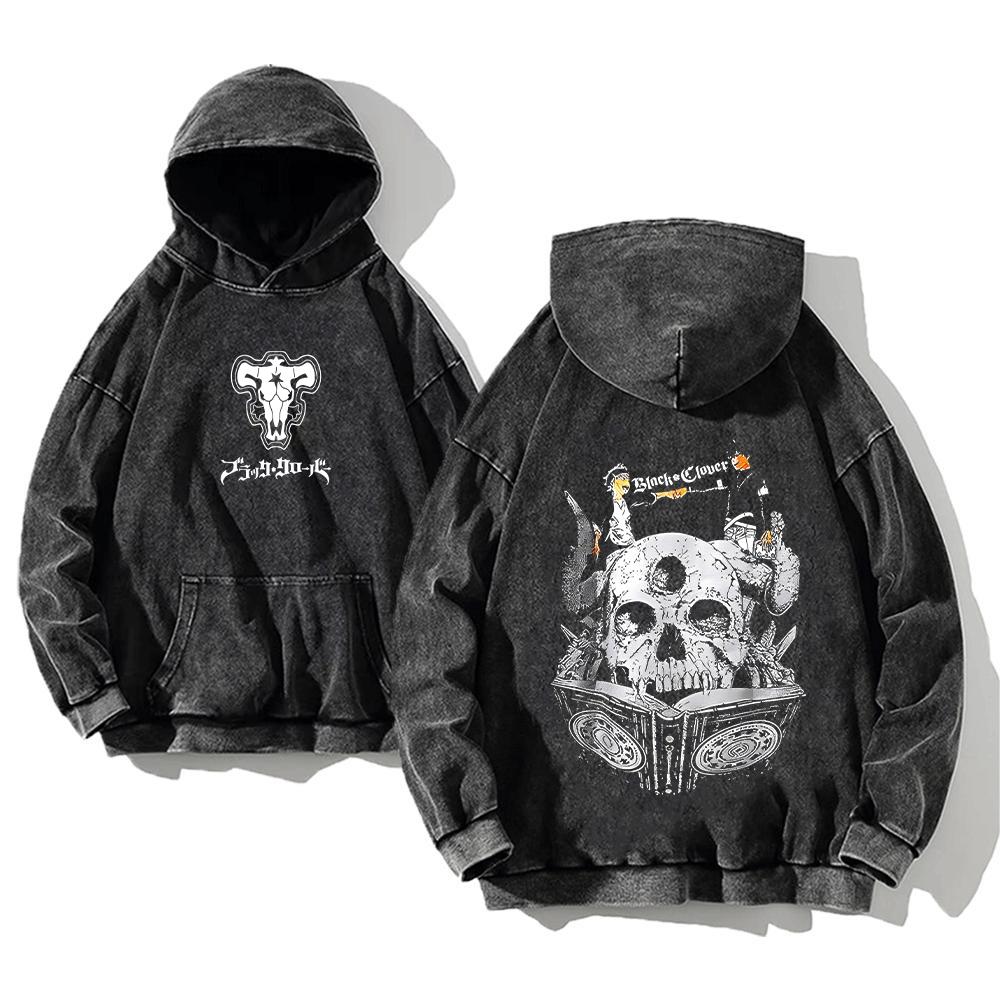 Japanese Anime Black Clover Asta Logo Printed Washed Hooded Men Vintage Hoodies Plus Size Sweatshirt Harajuku Cotton Streetwear