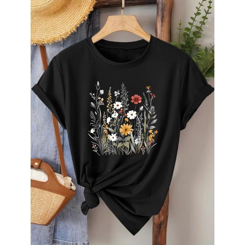 Women's Wildflower Print Tee Crew Neck Short Sleeve Vintage Elegant Spring Summer Fall Versatile Casual Top