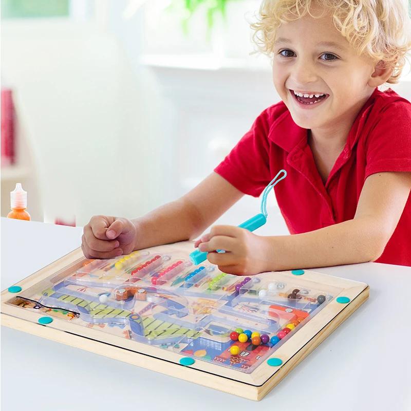 Montessori Magnetic Color Sorting Games Maze Board Pen Moving Bead Games Wooden Control Sensory Play Educational Toys for Kids