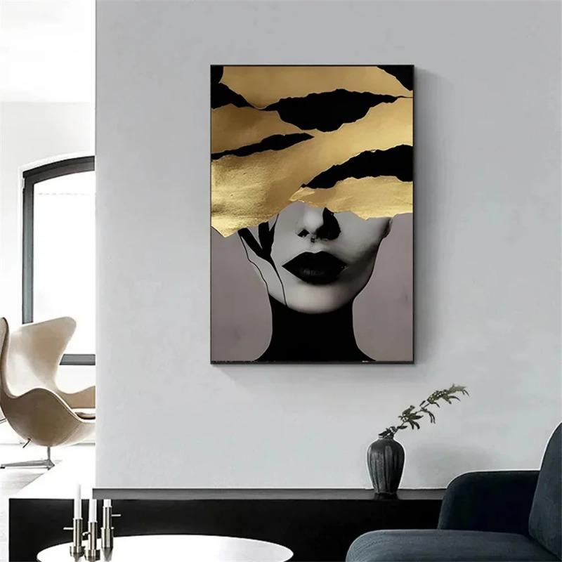 Modern Canvas Print Art Gold Black Woman Portrait Art Canvas Painting Abstract Woman Face Poster Wall Art Picture for Home Decor