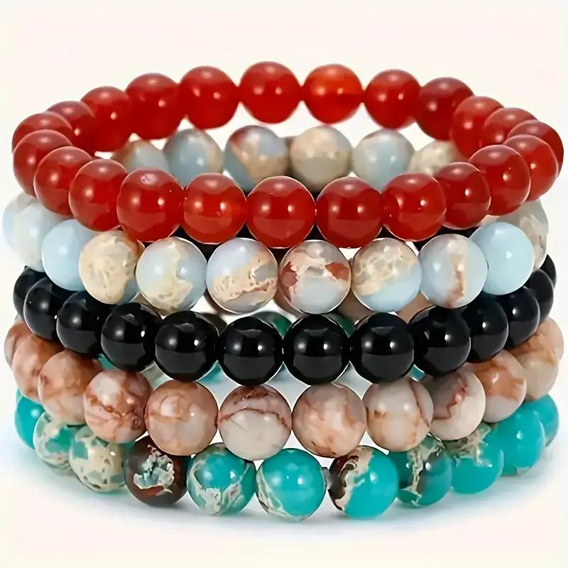 1 Set Vintage Men's Multi Bracelet Set Round Natural Stone  Colorful  Agate Crystal  Women Perfect for Boho Party