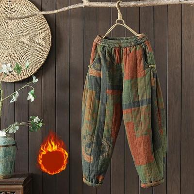Autumn and Winter Plus Size Women's Ethnic Style Thickened Elastic Waist Hundred Printed Warm Loose Elegant Trousers