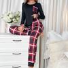 Women Plaids Patterned Loungewear 2 Pieces Outfits Long Sleeve Pajamas Tops and Long Pants Summer Sleepwear Nightwear