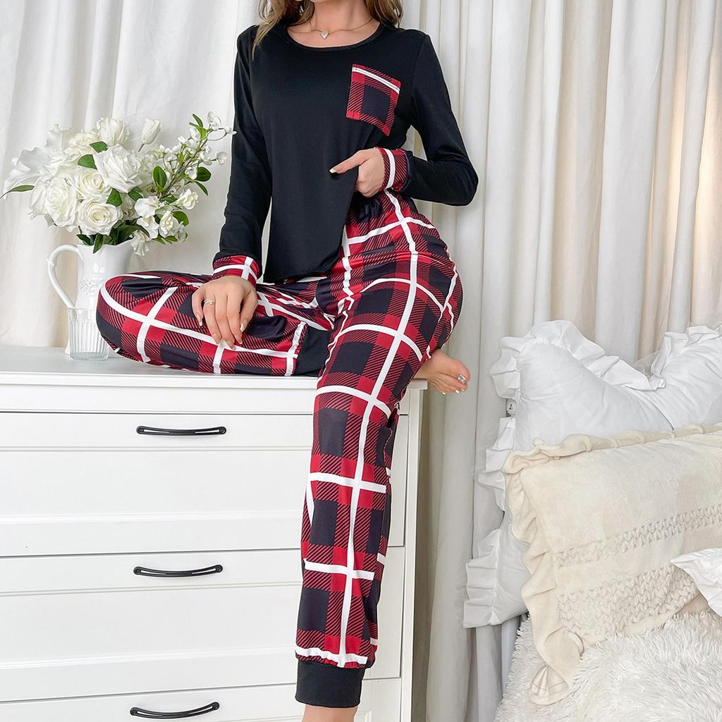 Women Plaids Patterned Loungewear 2 Pieces Outfits Long Sleeve Pajamas Tops and Long Pants Summer Sleepwear Nightwear