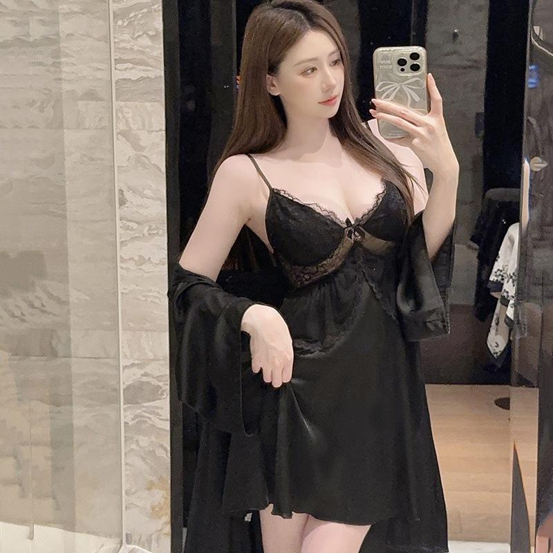 Pajamas women's ice silk thin with chest pad suspender nightdress thin pure lace