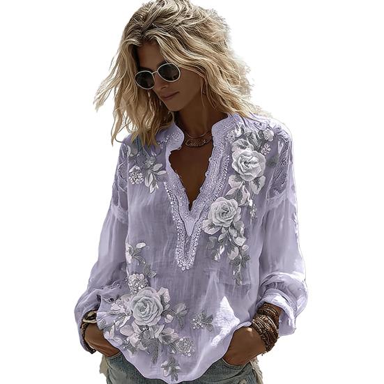 Women Shirt Oversize V-Neck Long Sleeve Casual Spring Autumn Shirt 3D Flower Printed Pattern Relaxed Fit Shirt Daily Wear