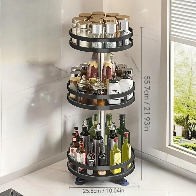 3-Tier Metal Rotating Organizer Spice Rack Seasonings Cans For Kitchen Accessories 360-Degree Non-Skid Carbon Steel Storage Tray