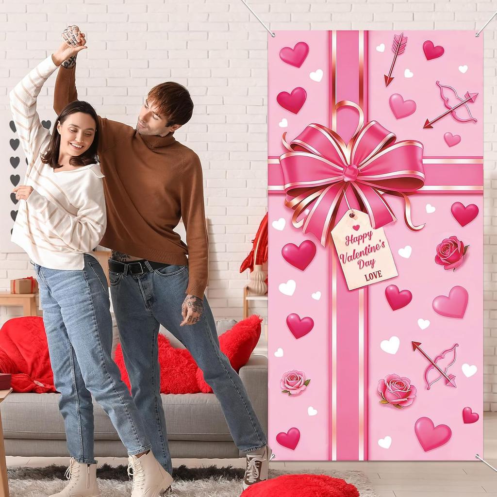 Happy Valentine's Day Door Cover Decoration Pink Bow Gift Box Door Banner Valentines Day Love Heart Hanging Banner Valentine Present Backdrop for