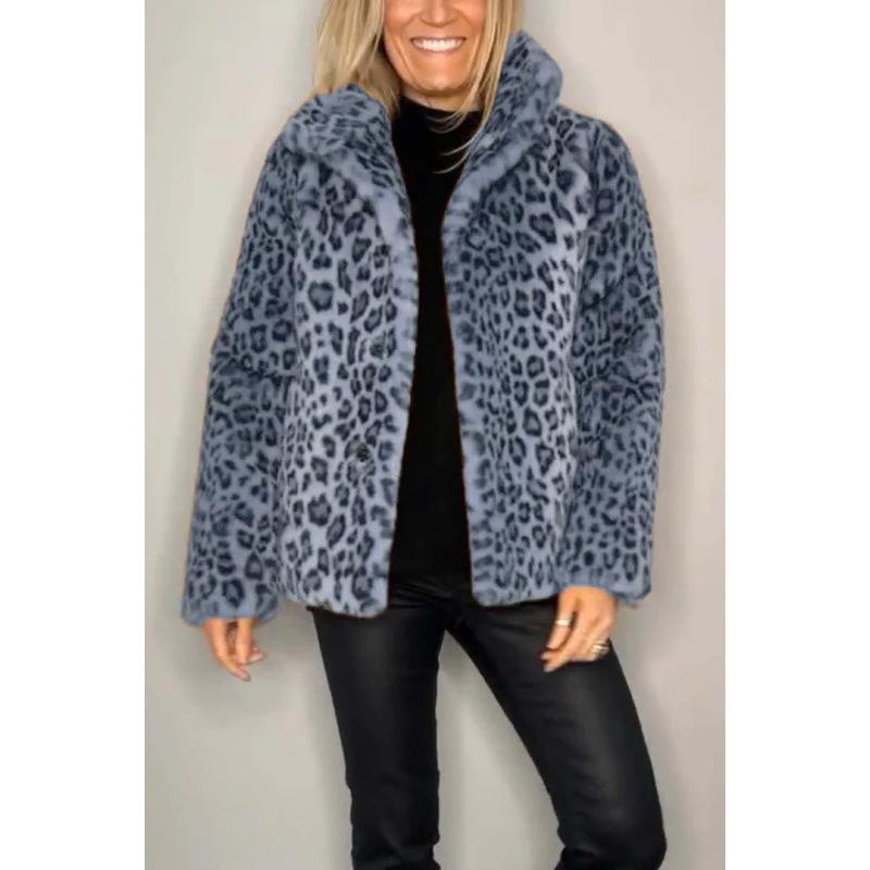 2024 Winter New Foreign Trade Women's Jacket, Best-Selling Fashionable Leopard Print Lapel Faux Fur Wool Top