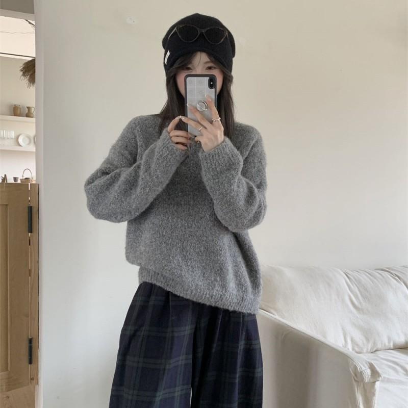Soft Fuzzy Loop Yarn Knit Sweater Women Loose Fit Round Neck Long Sleeve Winter Warm Cozy Pullover