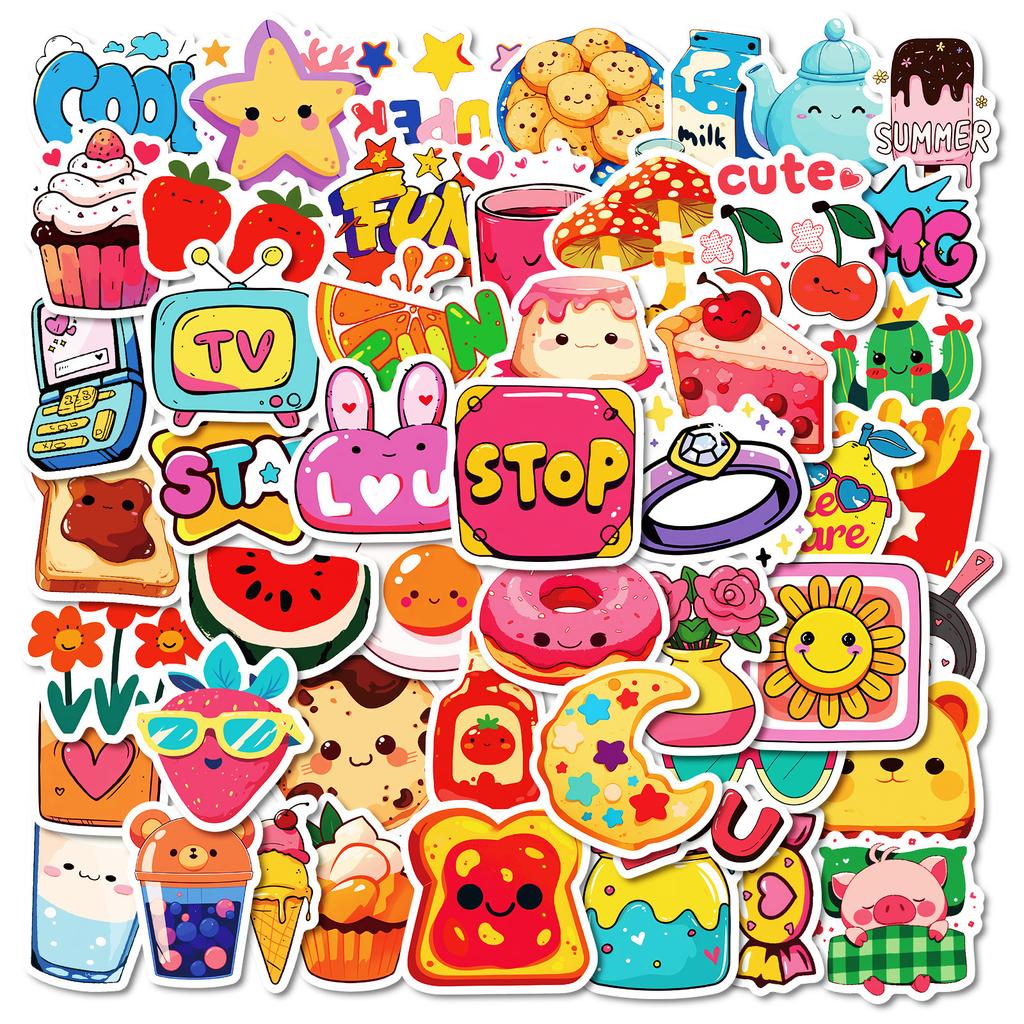 50 Girl Heart Hand-painted Cartoon Doodle Strawberry Cake Watermelon Five-pointed Star Waterproof Stickers