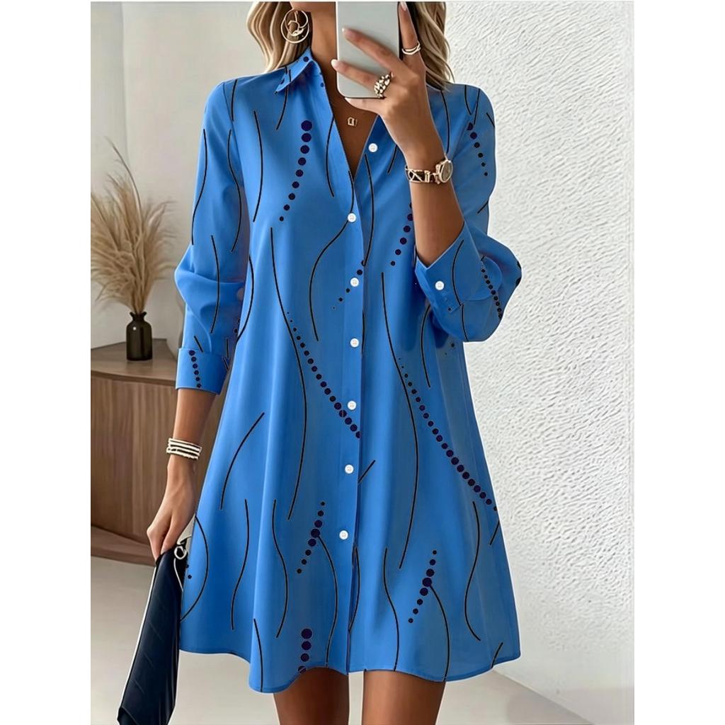 Spring Autumn Women's Casual Elegant Printed Shirt Dress, In Stock For Crossborder EU US Size