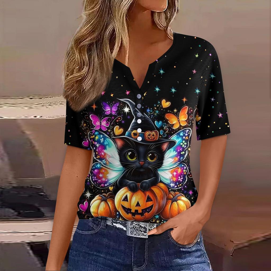 Dames T-skjorte Tee Halloween Trykket Knapp Kortermet Tunika Daglig Helgemote Basic V-hals Vanlig Topp