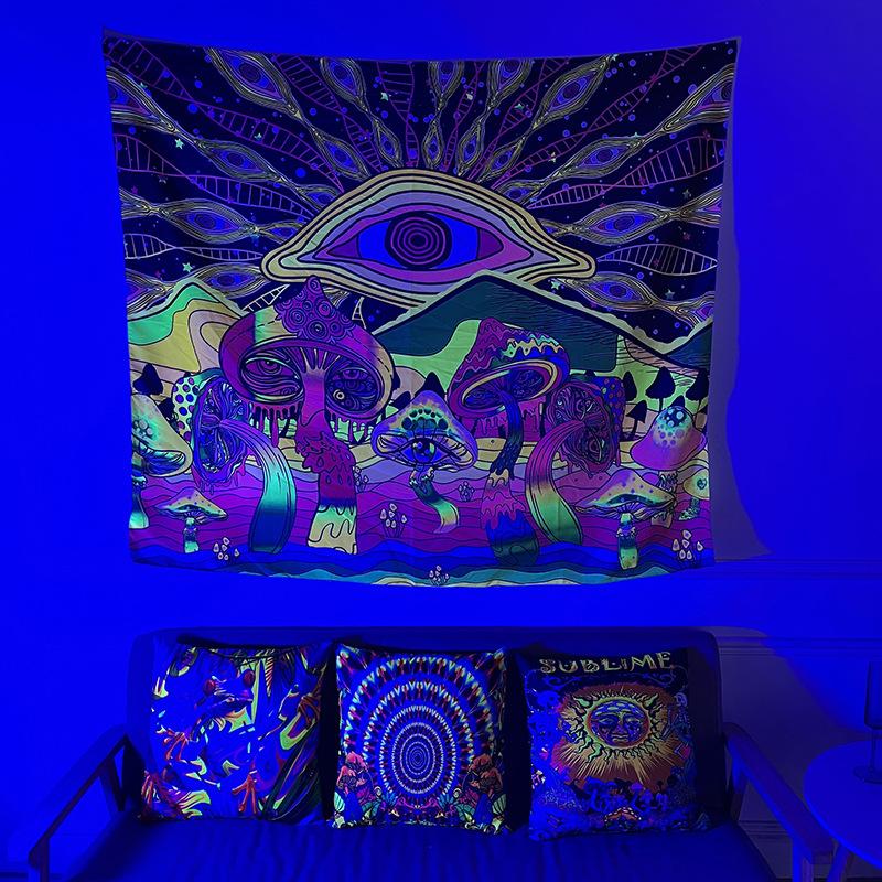 Fluorescent Tapestry Halloween Decoration Mushroom Tarot Luminous Hanging Cloth Room Luminous Tapestry Wall Cloth