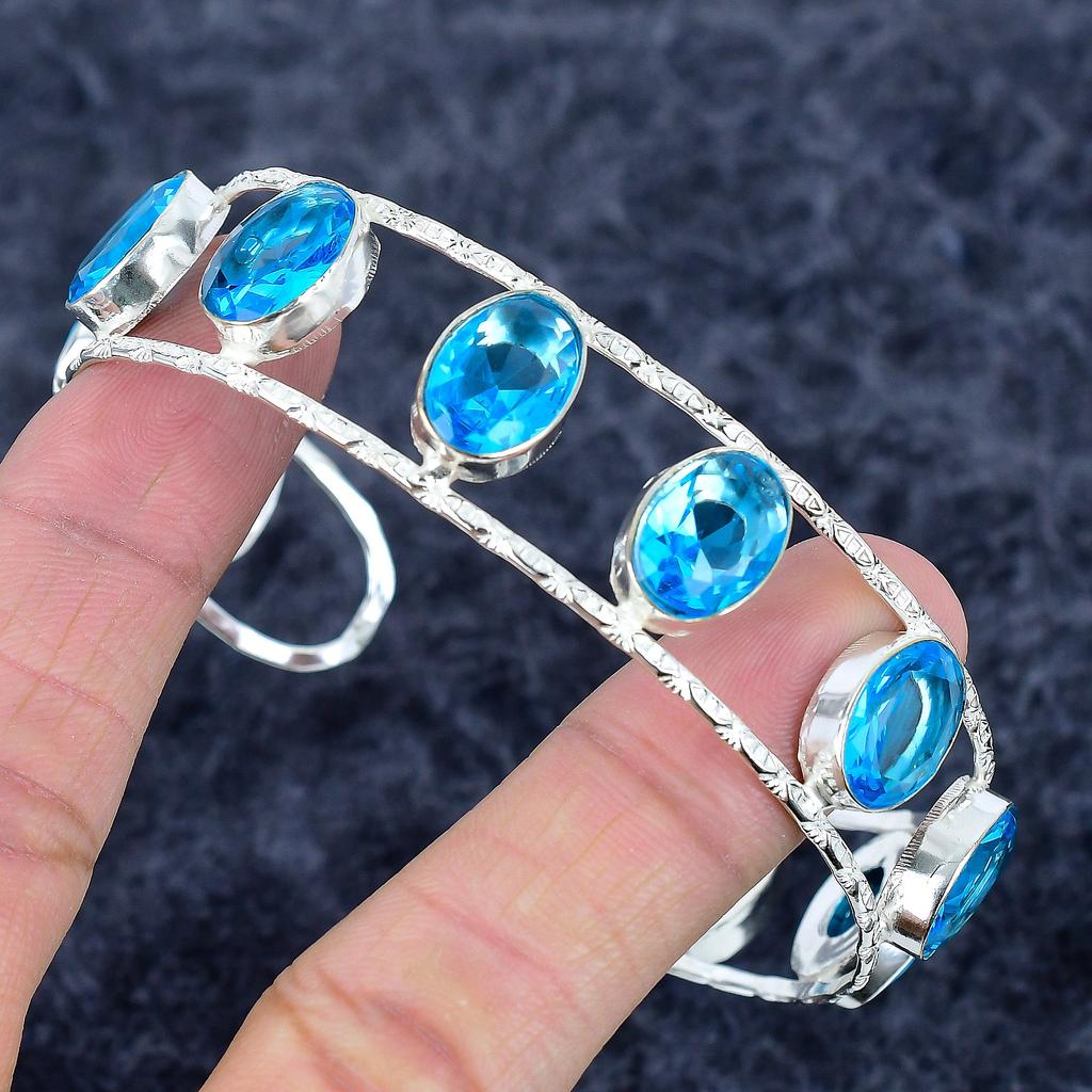 Blue Topaz Gemstone Handmade 925 Sterling Silver Cuff Bangle Adjustable M-3323