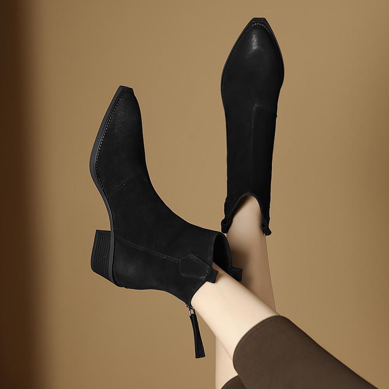 Fashion NEW Autumn Women Boots Pointed Toe Chunky Heel Shoes Genuine Leather Shoes for Women Concise Zipper Ankle Boots Western Boots