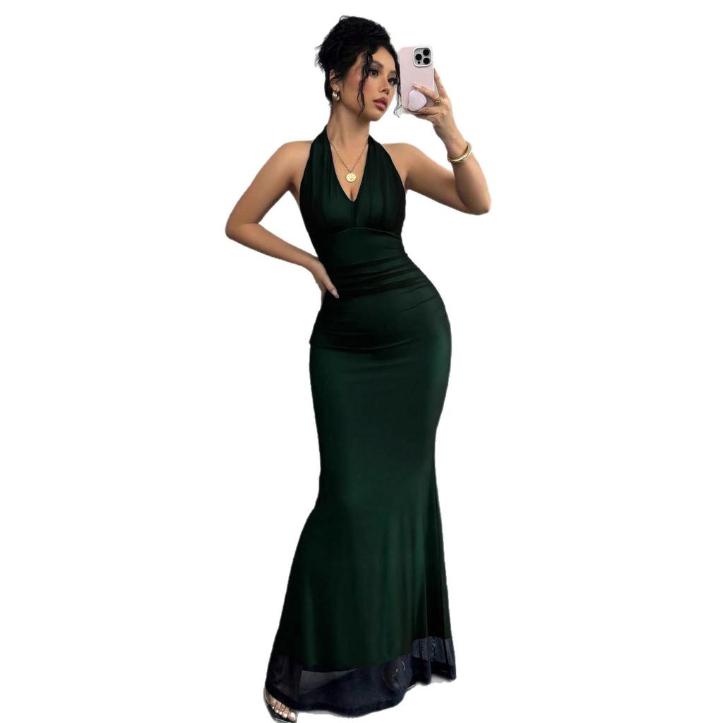 New hot-selling long backless mesh pullover V-neck women's dress dress new