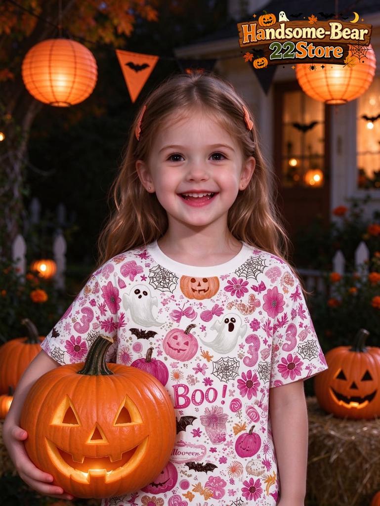 Kids Halloween Girls T-Shirt Pink Leopard Print Ghost Pumpkin Spider Bat Graphic Tee Short Sleeve Casual Top for Halloween Party