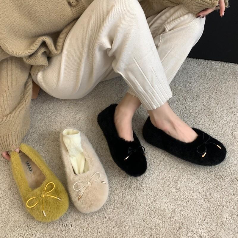 Gentle Fairy Wind Fluffy Shoes Female Outer Wear 2025 Autumn and Winter New Korean Version Soft-soled Flat-soled Velvet Doudou Shoes