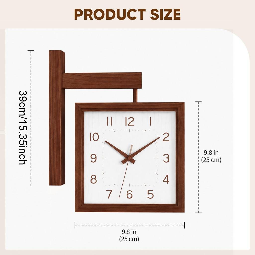 Holz Quadratische Uhr, Modern Kreatives Design Tickenlos Doppelseitige Uhr, Wanduhr für Hotel