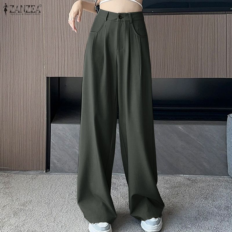 ZANZEA Women High Zip-up Waist Casual Casual Office Wide Leg Pants Trousers Nonelastic