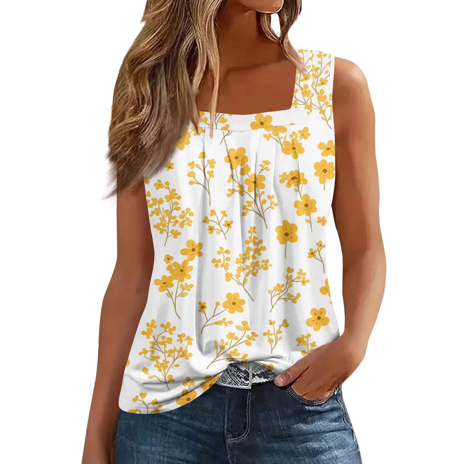 

Женская мода повседневная плиссированная жилетка без рукавов с квадратным воротником и принтом летняя футболка XL жёлтый