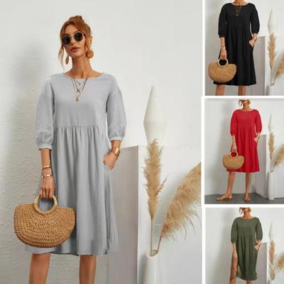 New Women's Solid Color Fashionable Sleeve Loose Cotton Linen Dress