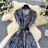 Summer Women Vintage Print Short Sleeve Turn-down Collar Single Breasted Long Midi Party Shirt Dresses with Belt