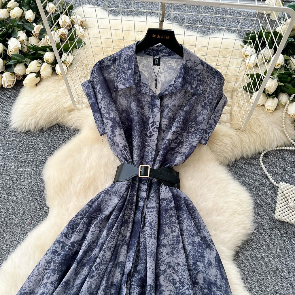 Summer Women Vintage Print Short Sleeve Turn-down Collar Single Breasted Long Midi Party Shirt Dresses with Belt