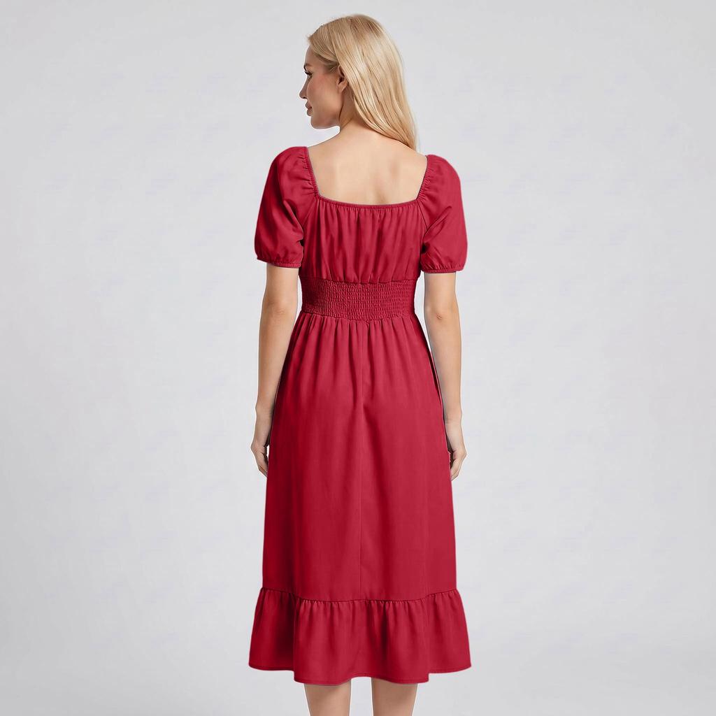 Women Casual Square Neck Short Sleeve Dress Waist Smocked A Line Midi Dress with Ruffle Hem for Everyday Wear