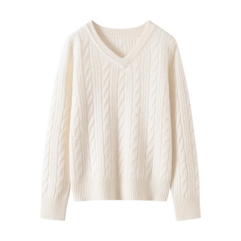 Lekasha Women's Cashmere V-Neck Cable Knit Pullover for Autumn/Winter