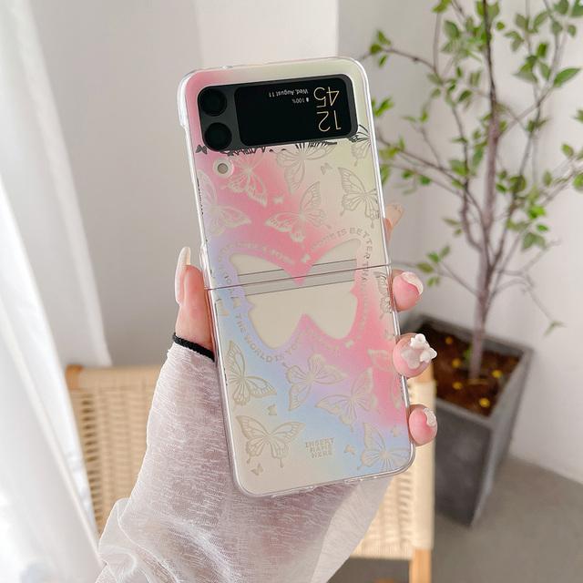 For Samsung Z Flip 4 Case Gradient Butterfly Transparent Case With Holder For Samsung Z Flip 3 Zflip4 Shockproof Hard Back Cover