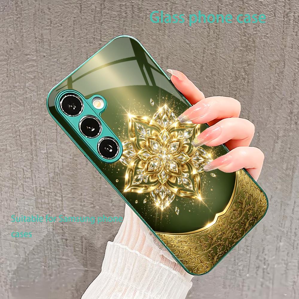 Golden-green crystal flower phone case glass s26 ultra case s25 ultra case for Samsung Galaxy S26 S25 S24 S23 S22 FE Ultra Plus